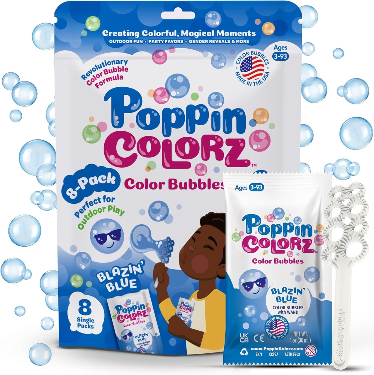 PoppinColorz Blazin' Blue Colour Bubbles for Kids, 8 Bubble Solution Kits with Bubble Wands - Non-Toxic Mini Bubbles Party Favours for Boy Gender Reveal, Birthday Bubble Party - Made in the USA.